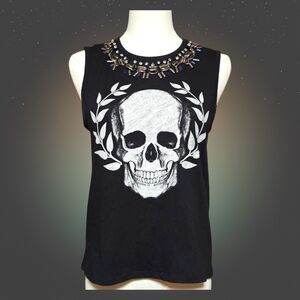Express Skull Graphic Embellished Necklace Muscle Tank Edgy Rocker Grunge